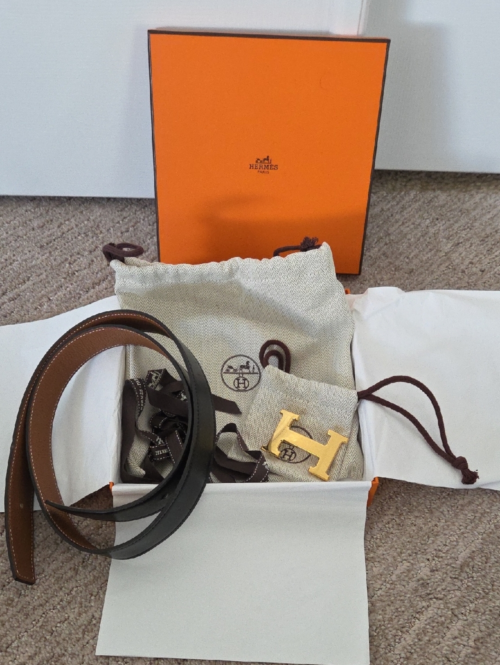 Hermes H Buckle Gold & Reversible Leather Belt Strap 32mm Nior/Gold Size 85